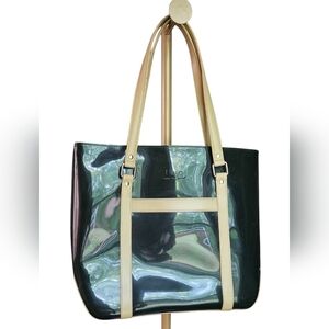 BEIJO Black And Tan Patent Leather Polyvinyl Tote Bag. Silver Hardware